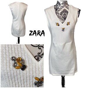 Zara white stretchy a-line v-neck dress with jewels